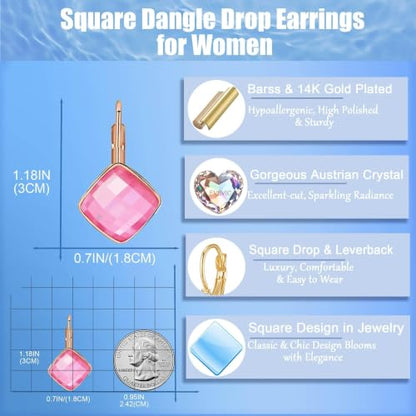 Austrian Crystal Square Leverback Drop Earrings for Women | Classic Square-Cut Crystal,14K Gold-Plated,Leverback for Easy Secure Wear,Gift Box Included,For Day and Evening Events - color: Pink