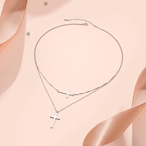Yearace Choker Necklaces for Women S925 Sterling Silver Sideways Cross/Butterfly/Handcuffs/Infinity Interlocking/Chakra Choker Necklace Dainty Sideways Cross Necklace Jewelry Gift - style: Layered Cross 18+16+2''