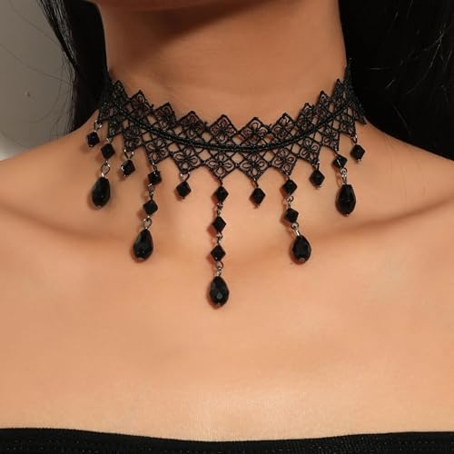 Qceasiy Gothic Black Necklace for Women, Adjustable Victorian Velvet Lace Collar, Halloween Party Cosplay Jewelry Gift - style: Mesh Pendant