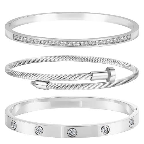 Camhanno Stackable Silver Bracelets for Women Stainless Steel Love & Friendship Bangle, Mothers Day Valentines Birthday Christmas Jewelry Gifts for Mom Her Wife Grandma - style: Style 7