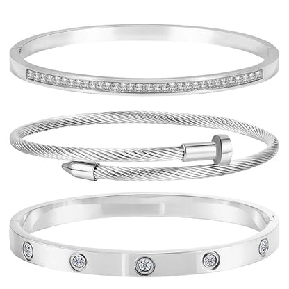 Camhanno Stackable Silver Bracelets for Women Stainless Steel Love & Friendship Bangle, Mothers Day Valentines Birthday Christmas Jewelry Gifts for Mom Her Wife Grandma - style: Style 7