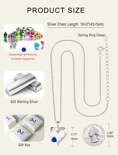 YL Heart Necklace 925 Sterling Silver Love Heart Pendant Birthstone Jewelry for Women - color: 09-sapphire-Sept