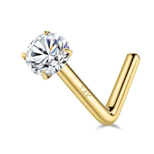 SYLWIA 14K Real Gold Nose Studs, 20g 18g L Shaped Nose Rings, Simulated Emerald Diamond CZ - 2mm 2.5mm 3mm, Hypoallergenic Corkscrew Nose Ring Piercing for Women Men - color: Clear CZ/L-Shaped, size: 20g(0.8mm),2mm Stone