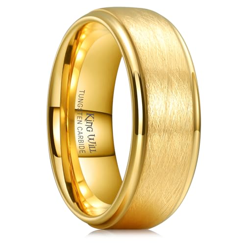 King Will Classic Tungsten Carbide Ring Brushed Two Grooved Center Hammered Design Mens Wedding Band for Men | Black/Silver/Gold, 8mm, Men's Wedding Band, Grooved, Comfort Fit, Everyday Wear - color: C-Gold 8mm