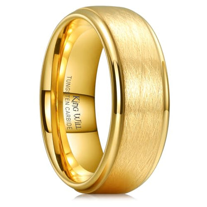 King Will Classic Tungsten Carbide Ring Brushed Two Grooved Center Hammered Design Mens Wedding Band for Men | Black/Silver/Gold, 8mm, Men's Wedding Band, Grooved, Comfort Fit, Everyday Wear - color: C-Gold 8mm