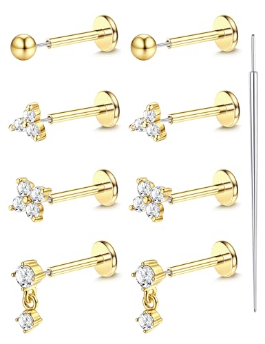 LOLIAS 18K Gold Plated Threadless Flat Back Earrings Studs Hypoallergenic | 316L Surgical Steel Push in Nose Rings Studs 20G CZ Tragus Cartilage Helix Conch Lip Labret Medusa Nostril Piercing Jewelry - color: 18K Gold Plated, size: 18G(1.0mm)-Flower&Ball&
