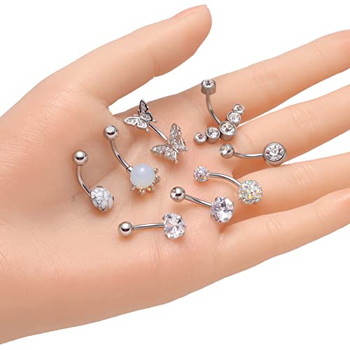 6-8-12PCS 14G 6-10mm Short Bar Tiny Heart Butterfly Evil Eye Devil Heart Snake Skull CZ Skull hand with Gem ball Stainless Steel Belly Button Rings Navel Rings for Women Barbell Eyebrow Body Piercing Jewelry - color: F:8Pcs(Skull hand with Gem Ball)