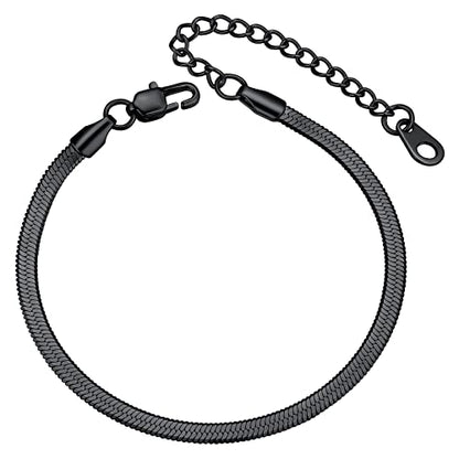 ChainsHouse Stainless Steel Herringbone Flat Chain Bracelets for Women,18K Gold/Rose Gold/Black Metal Paperclip/Snake/Cuban/Figaro Sterling Silver Link Charm Bracelet, 16+5cm Adjustable, With Gift Box - color: g. herringbone-black-3mm