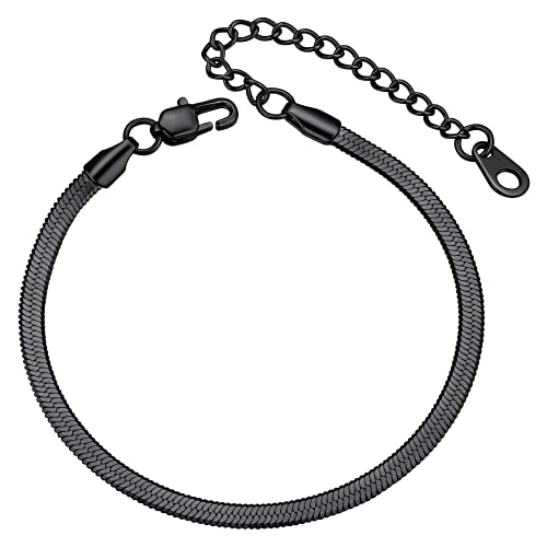 ChainsHouse Stainless Steel Herringbone Flat Chain Bracelets for Women,18K Gold/Rose Gold/Black Metal Paperclip/Snake/Cuban/Figaro Sterling Silver Link Charm Bracelet, 16+5cm Adjustable, With Gift Box - color: g. herringbone-black-3mm