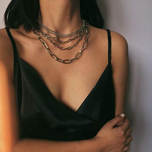Layered Chain Necklaces for women 18 Inch Gold Plated Paperclip Chain Silver Tone Choker Necklace Rope Ball Chains Punk Jewelry - style: Silver 5-layer Chains