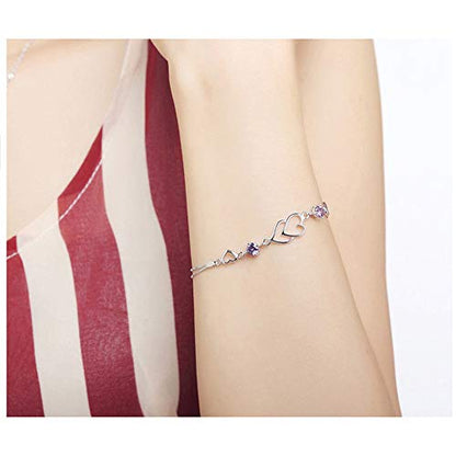 kelistom 925 Sterling Silver Bracelets for Women Teens, Love Heart Charm Chain Bracelet Bangle Fashion Jewelry Gifts - color: purple heart-1