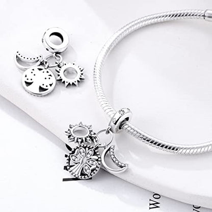 Hapour 925 Sterling Silver Charm for Bracelet Necklace Women Pendant Beads | Virgin Mary Charm, Religious Cross Heart Dragon European Jewelry Mom Charm - color: Family Tree and Sun and Moon
