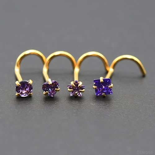 8 Pcs-Pack, Crystal Nose Studs, 20G Stainless Steel, 3mm Zircon, Multiple Shapes Zircon Labret Nose Piercing Ear Jewelry - color: Purple