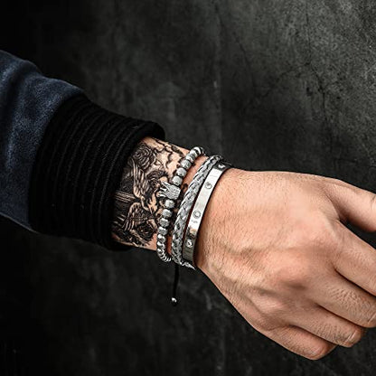 WFYOU 3PCS Stainless Steel Imperial Crown Bracelets for Men Gold Roman Numeral Bangle Bracelet Adjustable Cuff Bracelet Mens Luxury Jewelry Gifts - style: 01:Silver-Cubic Zirconia
