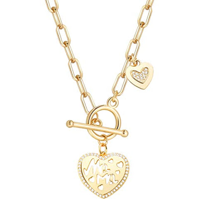 DoreenBeads 18K Gold Sun Moon Star Compass Pendant Necklace | Chunky Toggle Paperclip Chain Necklace with Heart Daisy Bee Charms for Women Girls 20 Inches - color: Love Heart Duo