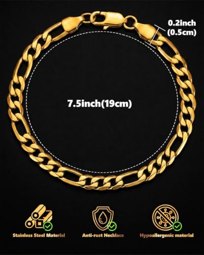 Stainless Steel 5 mm Figaro Link Chain Bracelet (6.5-8 Inches) | Diamond-Cut Figaro Chain Bracelet 5 mm for Men and Women 18K Gold & Silver - size: 18K Gold One Size