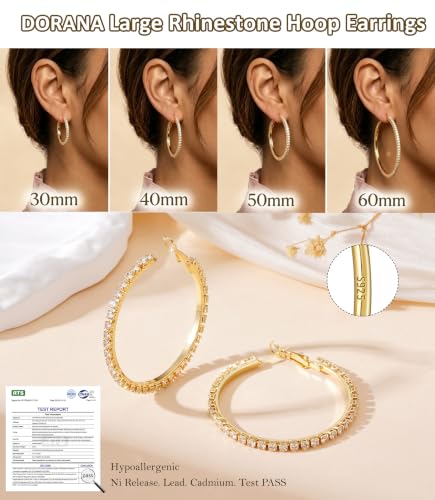 3mm 925 Sterling Silver Big Cubic Zirconia Hoop Earrings for Women Large Rhinestone Hoop Earrings 14K Gold Plated Hypoallergenic Lightweight 30mm/40mm/50mm/60mm - color: Gold-50mm