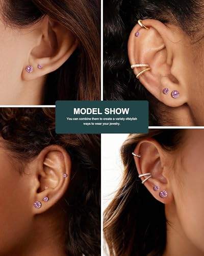 6 Pairs Surgical Steel Flat Back Earrings | CZ Stud Set | Hypoallergenic 316L Surgical Steel • Flat Back Threaded Studs for Cartilage, Helix & Lobe • 6 Mixed Sizes (3-8mm) - color: Flatback-Pink