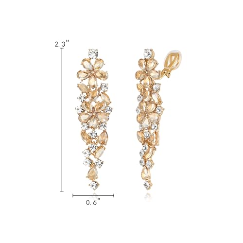 EleQueen Women's Sparkle Statement Clip-On Chandelier Earrings | Marquise Crystals Earrings for Women, Art Deco Prom Jewelry for Wedding Bride Bridesmaid - color: Brown Gold-Tone