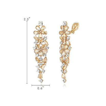 EleQueen Women's Sparkle Statement Clip-On Chandelier Earrings | Marquise Crystals Earrings for Women, Art Deco Prom Jewelry for Wedding Bride Bridesmaid - color: Brown Gold-Tone