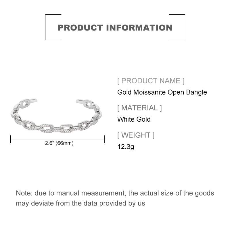 14K Gold Moissanite Open Bangle Bracelet for Women,Sparkling Geometric Moissanite Chain Open Cuff Bangle,Fashion Christmas Jewelry Gift for Her - color: White Gold