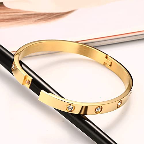 VQYSKO Love Friendship Bracelet Bangle Gold Rose Gold Silver with Cubic Zirconia Stones Stainless Steel Hinged Jewelry with Crystal Oval Bracelet Birthday Present for Her Women Teen Girls - style: 6.3 Inch-Oval-Gold