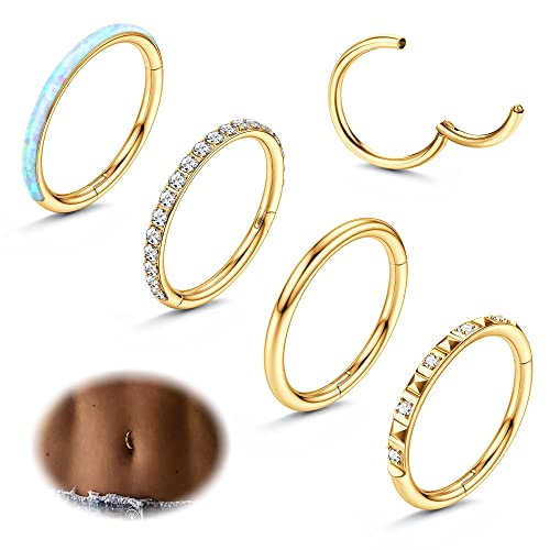 FIBO STEEL 14G Belly Button Rings 316L Surgical Steel Belly Hoop Ring Clear CZ Opal Navel Rings Clicker Segment Belly Piercing Jewelry 10mm 12mm - color: 14K Gold Plated 10mm