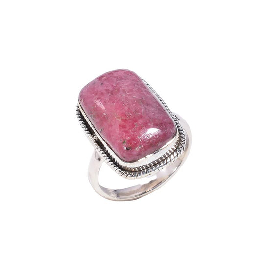 925 Sterling Silver Statement Ring For Women's || Mind Blowing A One Quality 100% Natural Rhodonite Radiant Vintage Style Handmade 925 Sterling Silver Ring 8 US 7.9 gms.