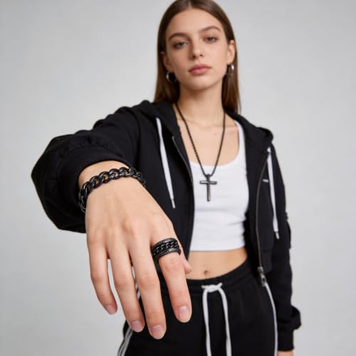 3-Piece Cross Pendant Necklaces Bracelets Rings Jewelry Sets for Men Women,Cuban Chain Bangle,Adjustable Box Link,Religious Charm,Fashion Jewelry Accessories for Party Birthday Gifts - color: Black