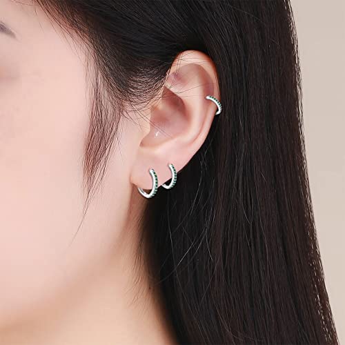 3 Pairs 925 Sterling Silver Small Hoop Earrings for Women Men | Cubic Zirconia, 14K White Gold Plated Huggie Hoop Earrings, Hypoallergenic - style: R-green cz 8/10/12mm