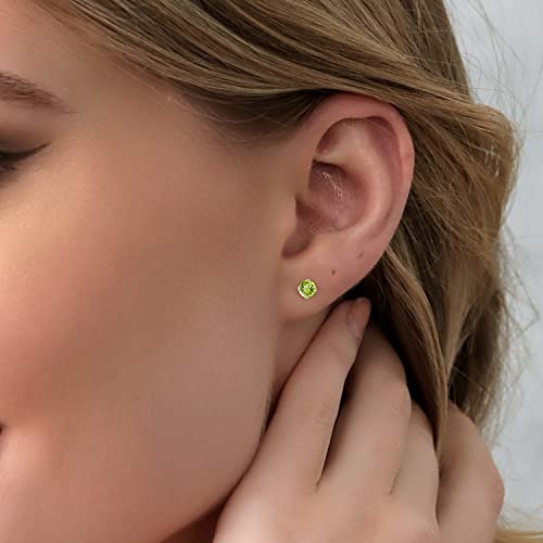 Gem Stone King 14K Gold Gemstone Birthstone Stud Earrings For Women Men | 4MM Round Cut | Solitaire Gold Studs with Secure Backs | Fine Jewelry for Her Him Mom Dad Wife - color: Peridot-August