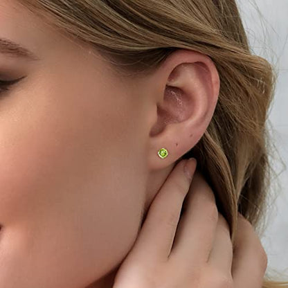 Gem Stone King 14K Gold Gemstone Birthstone Stud Earrings For Women Men | 4MM Round Cut | Solitaire Gold Studs with Secure Backs | Fine Jewelry for Her Him Mom Dad Wife - color: Peridot-August