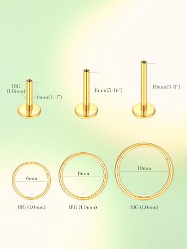 Oveta 16G 18G Flat Back Studs Earrings for Tragus Cartilage Piercing Jewelry, Surgical Steel Nose Rings Hoops 6/8/10mm, Silver/Gold - color: Gold, size: 18g*6/8/10mm bar