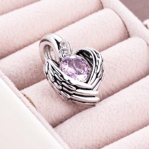 KunBead Guardian Angel Heart Wings Birthstone Dangle Birthday Charms Compatible with Pandora Charm Bracelet for Women - color: Pink