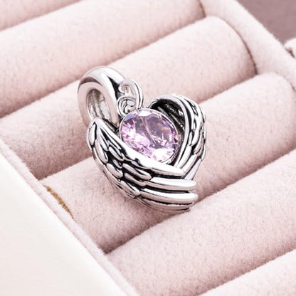 KunBead Guardian Angel Heart Wings Birthstone Dangle Birthday Charms Compatible with Pandora Charm Bracelet for Women - color: Pink