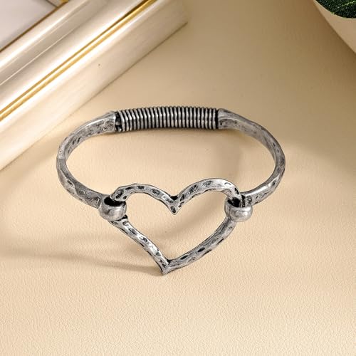 Chunky Heart Bracelet for Women Gold Silver Heart Cuff Bracelet Open Statement Love Bangle Minimalist Jewelry - color: Silver Heart