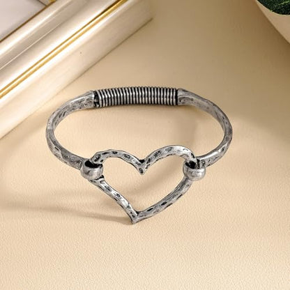 Chunky Heart Bracelet for Women Gold Silver Heart Cuff Bracelet Open Statement Love Bangle Minimalist Jewelry - color: Silver Heart