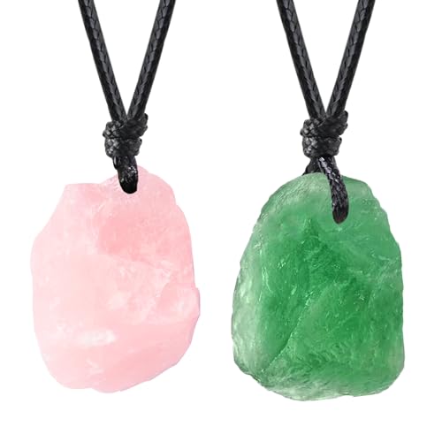 Natural Raw Crystal Necklace for Women Irregular Stone Necklaces Spiritual Gemstone Pendant with Adjustable Rope - color: E-Green Fluorite+Rose Quartz
