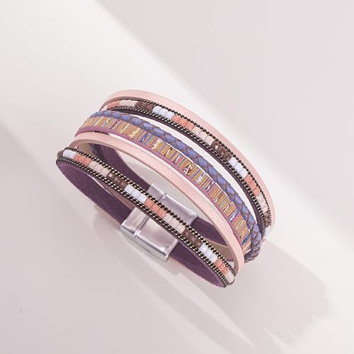 Boho Layered Leather Wrap Bracelets Chunky Western Country Hippie Jewelry | Stackable Bohemian Cowgirl Magnetic Clasp Cuff Bangle Set Fashion Stack Statement Festival Trendy Jewelry Gifts for Women - color: Pink