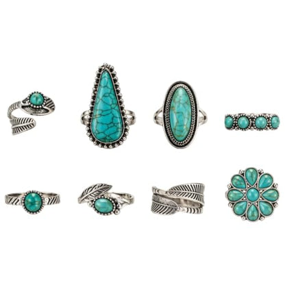 8 Pcs Bohemian Turquoise Ring for Women Western Open Vintage, Retro Ethnic Style Stackable Silver Boho Gemstone Knuckle Midi Chunky Dainty Statement Ring Set Jewelry Accessories