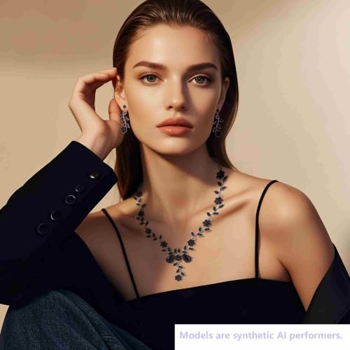 Kamirola Women's Wedding Jewelry Leaf Cluster Flower Crystal Dangle Earrings Pendant Necklace Set for BridalCrystal Bridal Jewelry Set - color: Black
