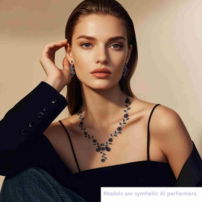 Kamirola Women's Wedding Jewelry Leaf Cluster Flower Crystal Dangle Earrings Pendant Necklace Set for BridalCrystal Bridal Jewelry Set - color: Black