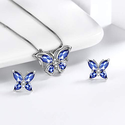 Aurora Tears Butterfly Jewelry,Women 925 Sterling Silver Butterflies Birthstone Pendant Necklace/Earrings/Rings Wedding Gift - color: L.December-set 1