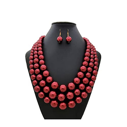 Simulated Pearl Necklace & Earring Set, Multi Strand - color: Burgundy