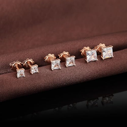 925 Sterling Silver Cubic Zirconia Stud Earrings for Women/Men Hypoallergenic Stud Earrings 4MM-8MM - style: F: Square Stud-Rose Color
