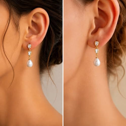 Pearl Earrings for Women, 14k Gold Plated Trendy Diamond Pearl Drop Earrings Hypoallergenic Dainty Bridal Gifts Wedding jewelry for Women - color: Gold-Pearl Style B