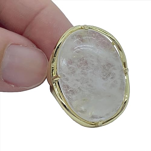 Natural Stone Adjustable Finger Rings Semi Precious Oval Shaped Gemstone Jewelry For Women Anniversary Birthday Wedding Gift - color: White Crystal
