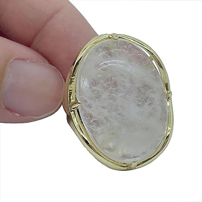 Natural Stone Adjustable Finger Rings Semi Precious Oval Shaped Gemstone Jewelry For Women Anniversary Birthday Wedding Gift - color: White Crystal
