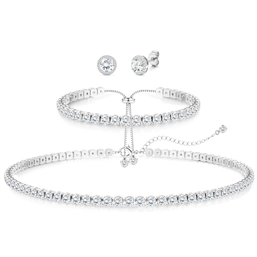 Jstyle 925 Sterling Silver Jewelry Set for Women - Dainty Tennis Necklace Bracelet Earrings Set Hypoallergenic Rhinestone Wedding Jewelry Sets for Brides Bridesmaids Crystal Prom Costume Accessories - color: Style C: Silver