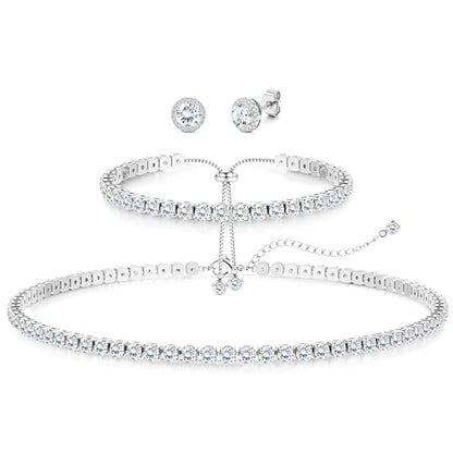 Jstyle 925 Sterling Silver Jewelry Set for Women - Dainty Tennis Necklace Bracelet Earrings Set Hypoallergenic Rhinestone Wedding Jewelry Sets for Brides Bridesmaids Crystal Prom Costume Accessories - color: Style C: Silver